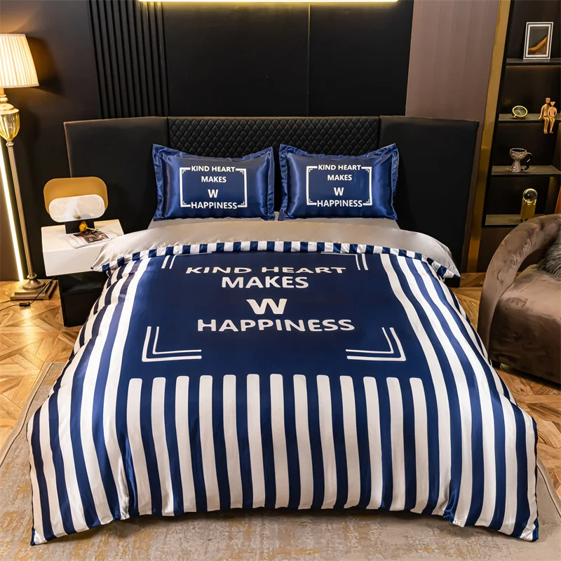 Blue White Stripes Print Duvet Cover Soft Breathable Silk Comforter Covers Decorative Room Queen Bedding Set with 2 Pillowcases