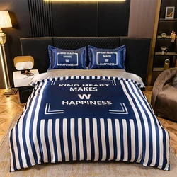 Blue White Stripes Print Duvet Cover Soft Breathable Silk Comforter Covers Decorative Room Queen Bedding Set with 2 Pillowcases