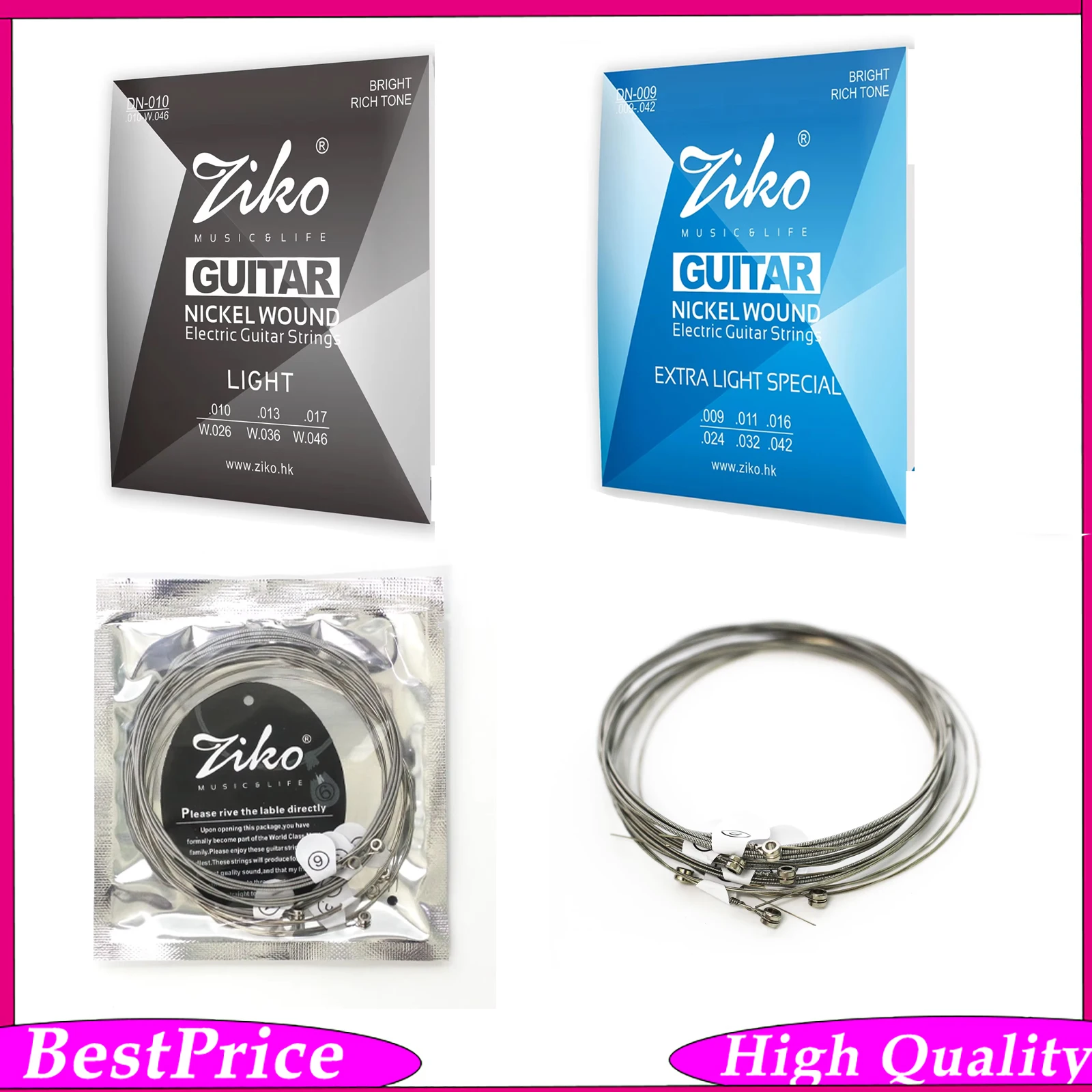ZIKO Nickel Wound Electric Guitar Strings Extra Light/Light Carbon Steel Hex Core Strings Bright Rich Tone for Studio Practice