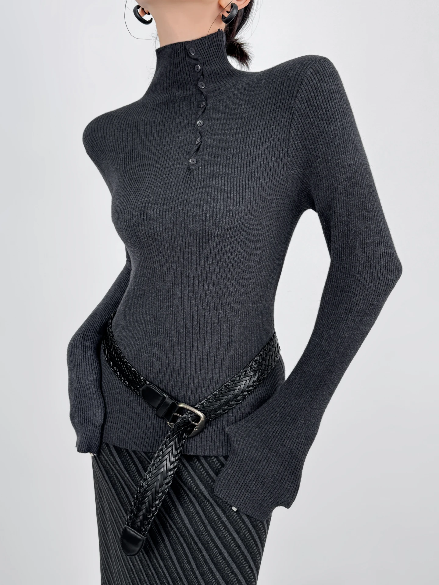 

Double Z High Ne Asymmetric Button Knitted Sweater Women Long Sve Autumn Winter Slimming Base Layer Top Two-Way Wear