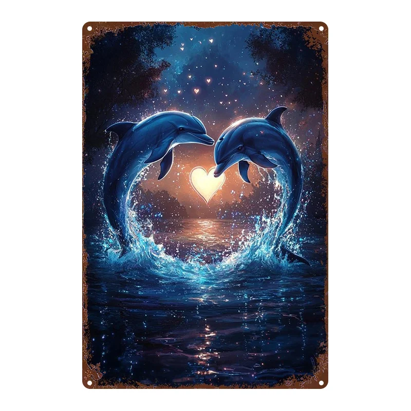 2D Flat, 1pc, Metal Sign, Dolphin Heart-Shaped Splash Art Decor Poster, Suitable for Bathroom, Man Cave, Bedroom, Garden, Home O