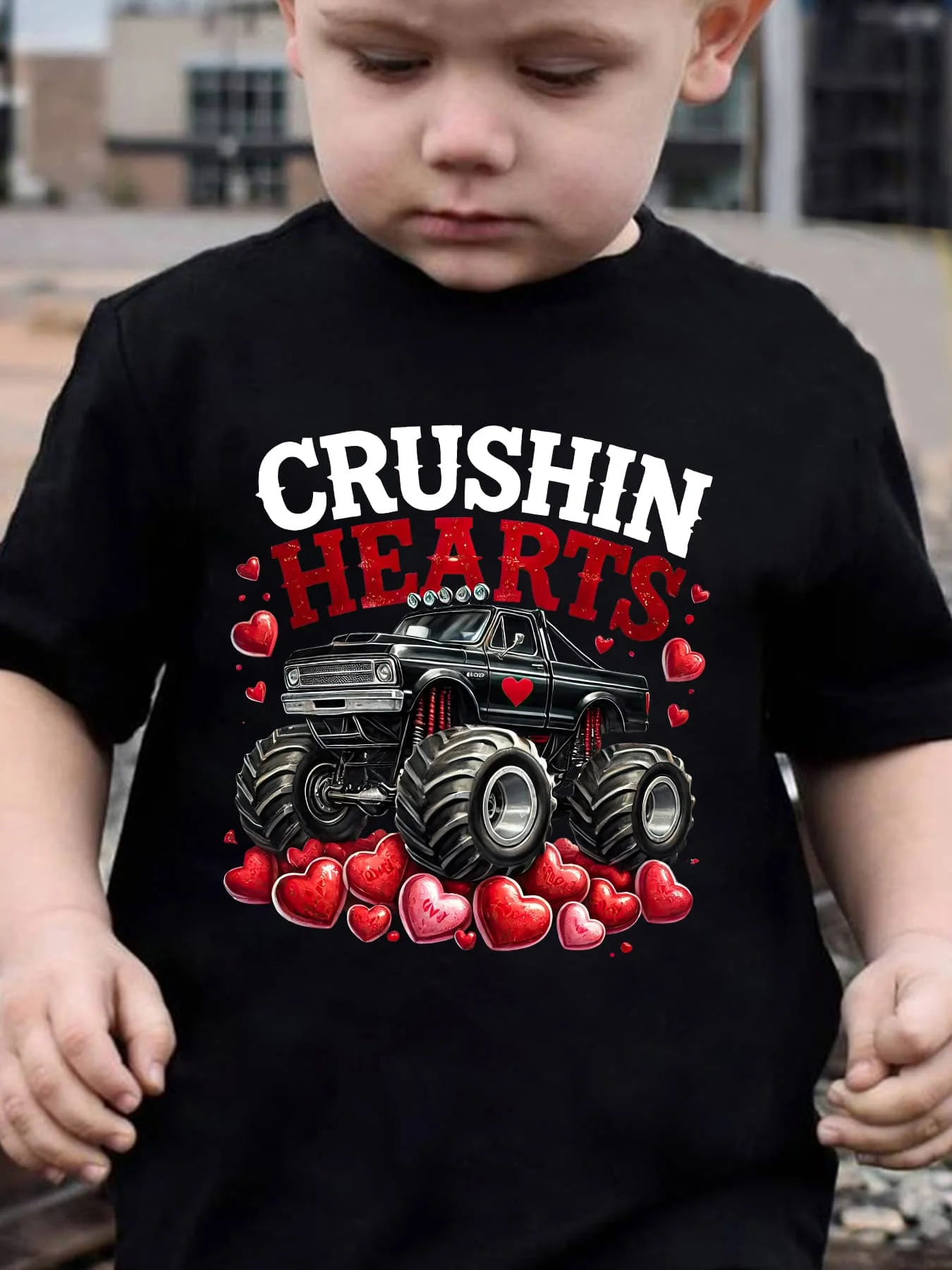 Valentine's Day Summer Children's Fashion T-shirt CRUSH IN HEARTS Truck Cartoon Pattern Printed Casual Parent Child Top on Love
