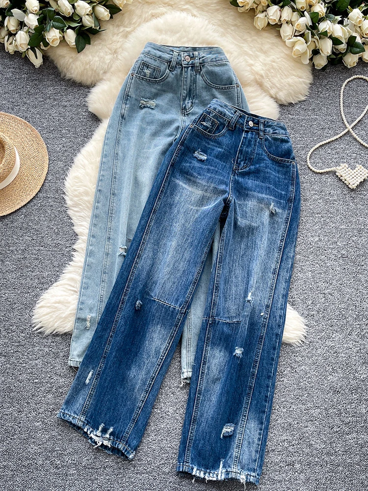 

Hairy Edge Jeans For Women Vintage High Waist Zipper Straight Leg Pants Summer 2025 New High Street Casual Floor Trousers
