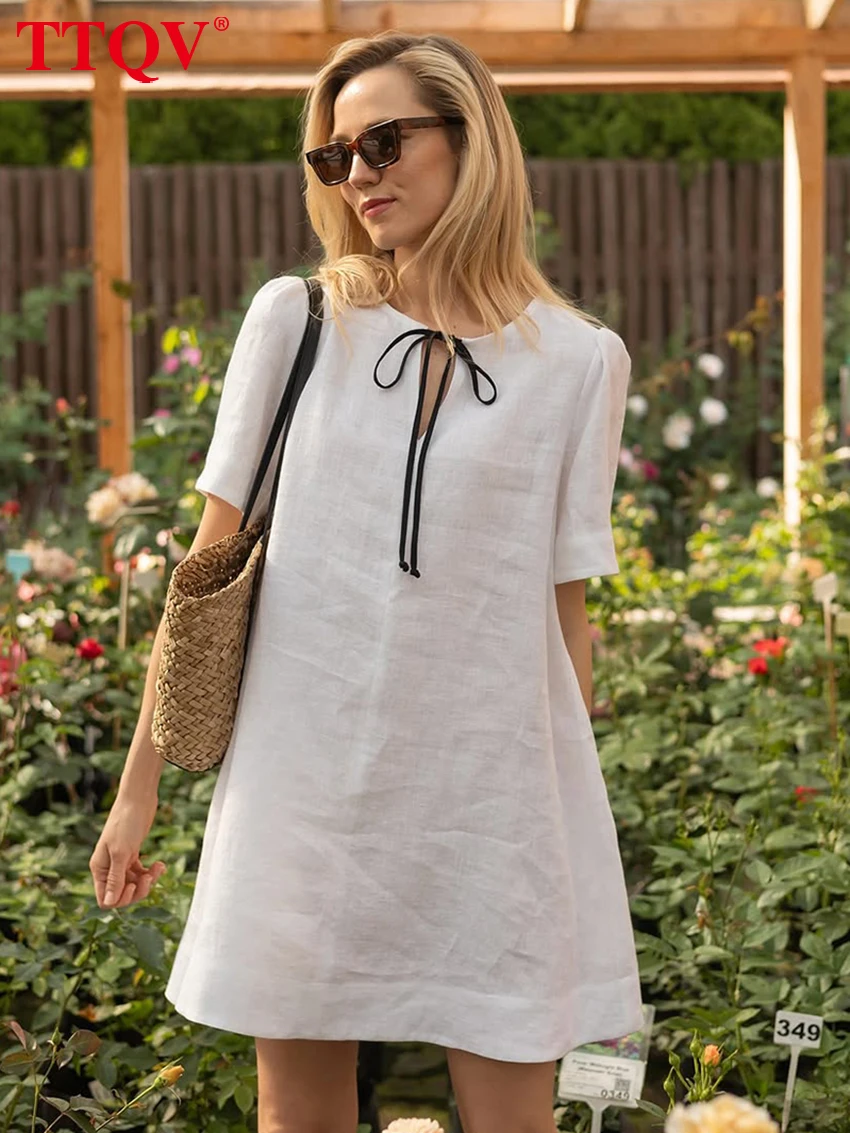 

TTQV Summer Loose White Cotton Women's Dress 2026 Fashion O-Neck Short Sleeve Mini Dresses Elegant Classic Solid Female Dress