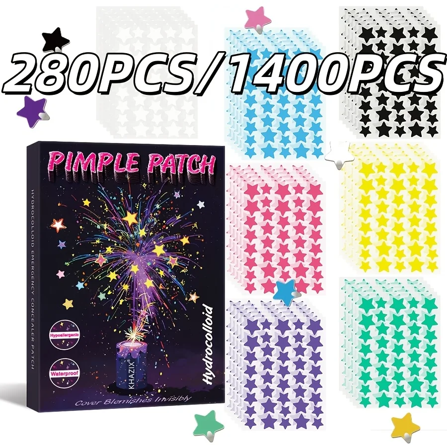 

280/1400 шт. контрастных цветных наклеек от прыщей в форме звездочек, эти забавные ежедневные наклейки от прыщей обеспечивают скрытие макияжа.