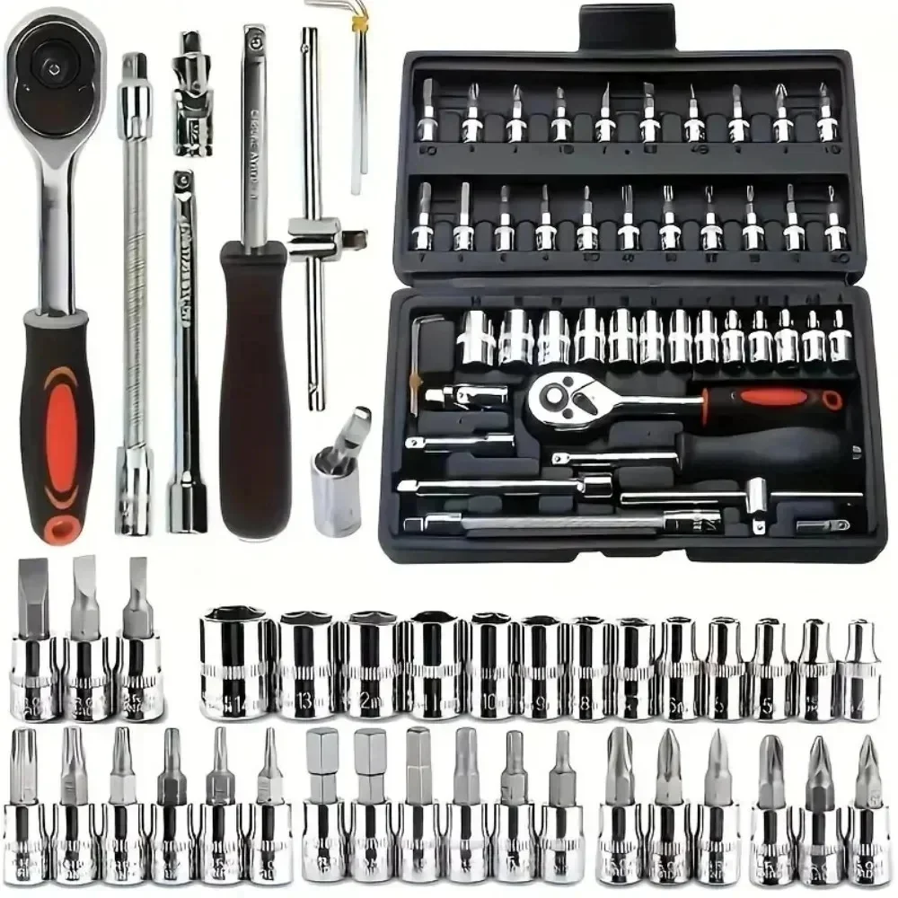 46pcs Cr-V Steel Socket Set with Ratchet Wrench Storage Bag Durable Sockets Extension Bar for Auto Home Repair Tool Professional