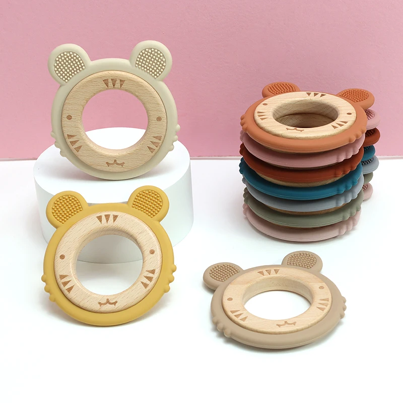 1pc Baby Beißring Silikon Armband BPA FREI Nette Cartoon Tiger Anhänger Zahnen Spielzeug Holz Ring Kauen Baby Zubehör Spielzeug