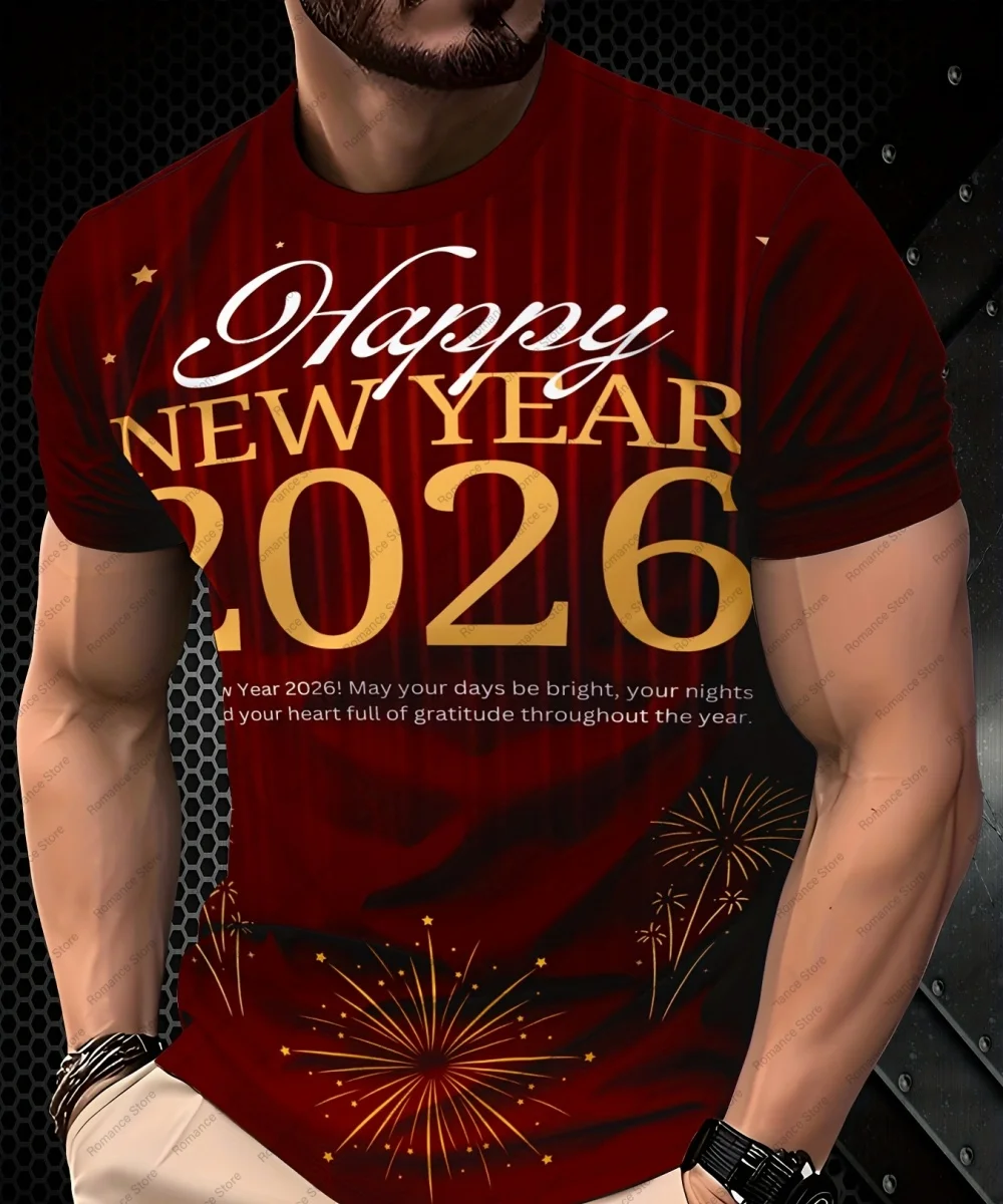 الرجال ثلاثية الأبعاد تي شيرت مطبوع سنة جديدة سعيدة 2026 تصميم الصيف عادية تي شيرت الشارع الشهير اليومية التي شيرت الرجال القمصان النسائية #2
