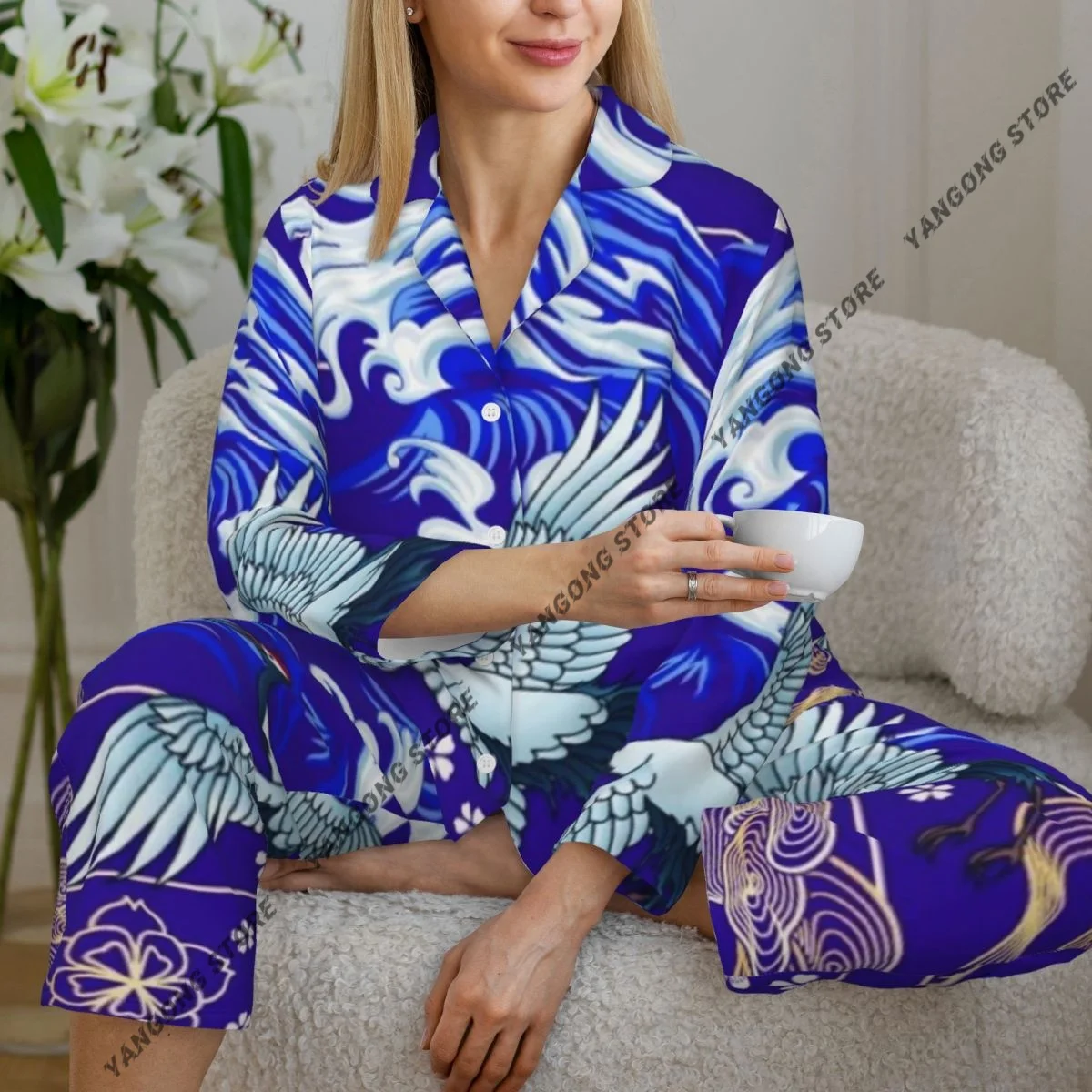 

Весенне-осенний пижамный комплект, женские брюки с длинными рукавами, комплект из двух предметов, элегантный восточный журавль, комплект для домашнего интерьера