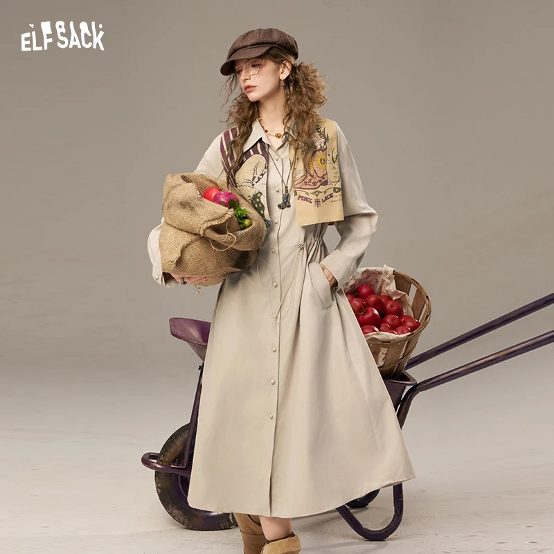 

ELFSACK 2025 Autumn New Arrivals Casual Retor Printed Shawl Multiple Buttons Collared Long Dress For Woman