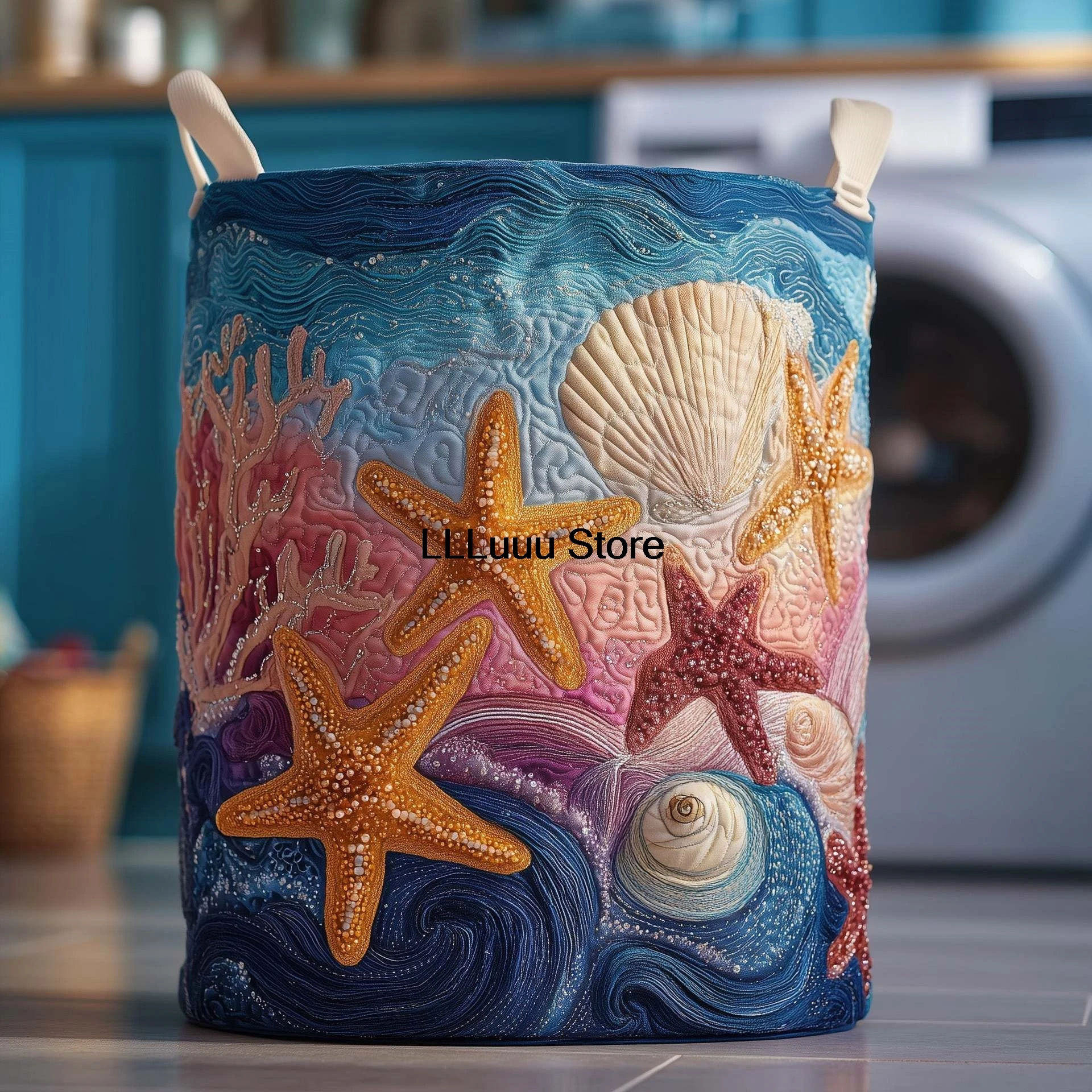 Beach Joy Quilted Laundry Storage Basket for Dustproof and Dirty Clothes Storage 3D Trendy Multi Color Pattern