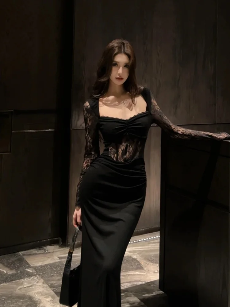 

XZY Sexy Lace Hollow out Bodycon Dress for plus Size Women Casual Style Long Sleeve Autumn Season Polyester Fiber Skirt