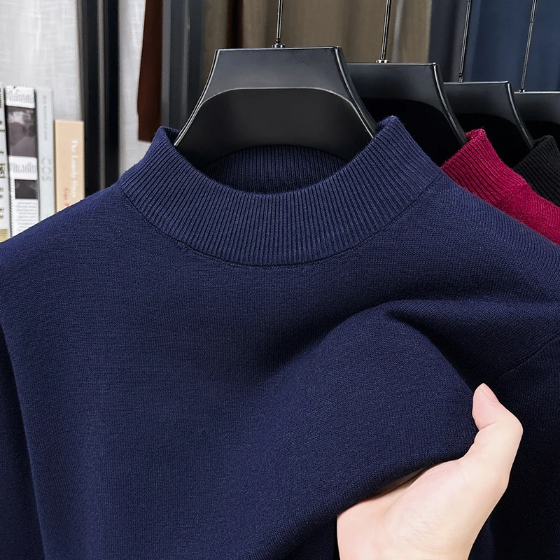 Men's Wool Sweater for Autumn and Winter, Paired with Knitted Sweater, Half Height Round Neck, Solid Color Loose Sweater for Men