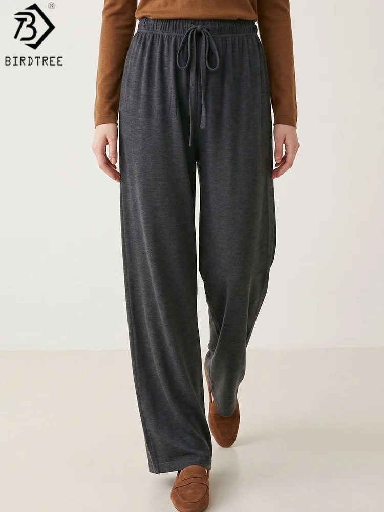 Birdtree, Silk Blended Thin Straight Pants, Women's Casual Solid Drawstring Trousers, Elastic Waist, 2026 Autumn New P69823JF