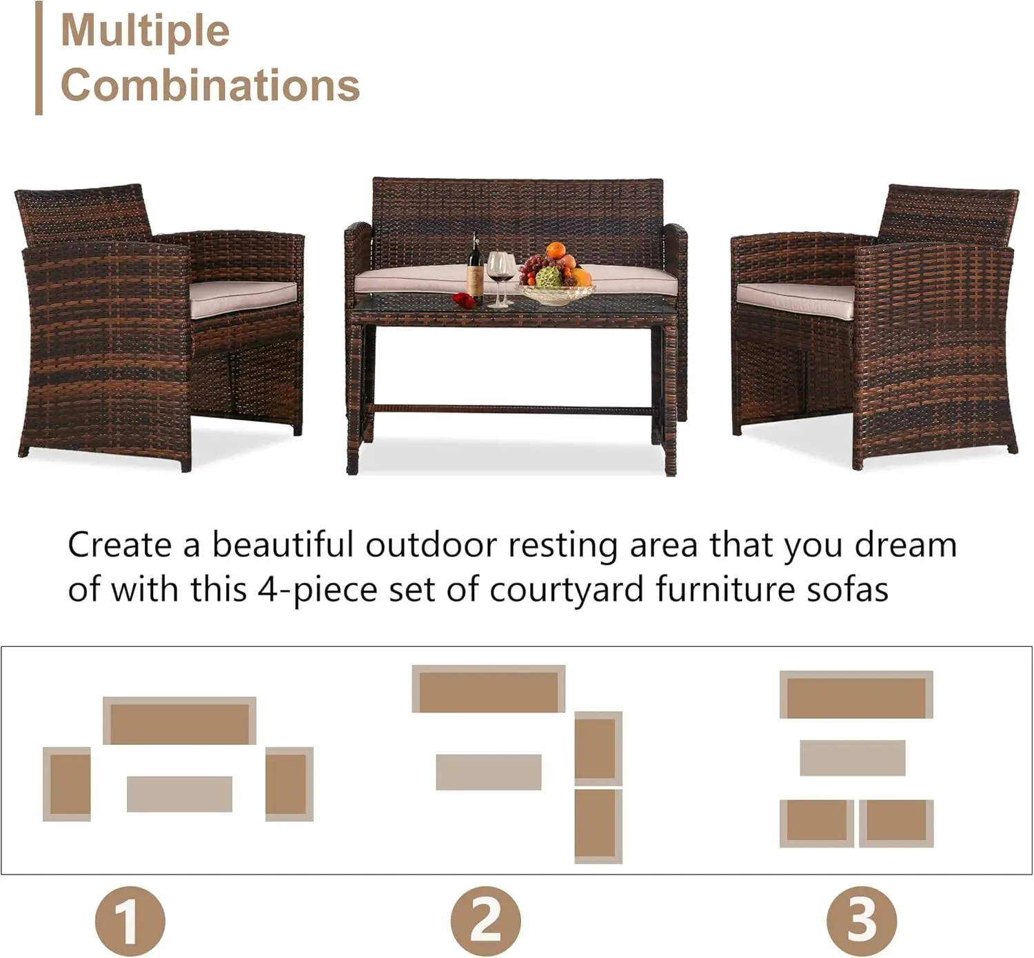 4 Pieces Outdoor Patio Furniture Sets Rattan Chair Patio Set Wicker Conversation Set Poolside Lawn  Outdoor Garden Furniture