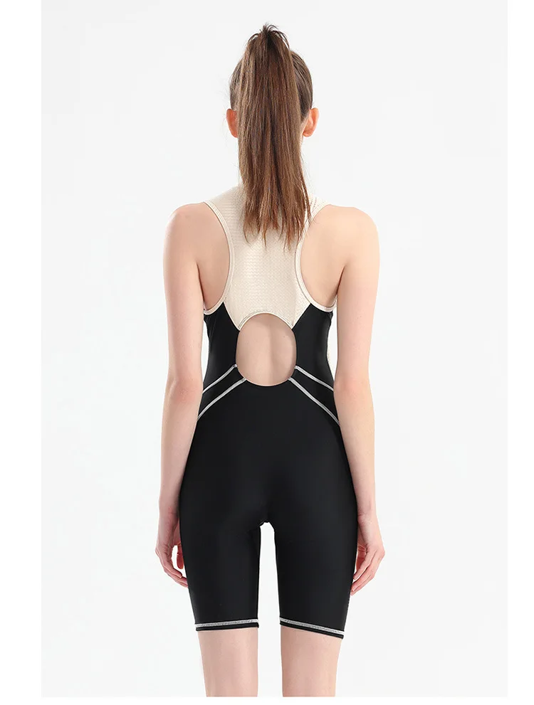 Women One Piece Professional WaterProof Sexy Knee Length Push Up SwimWear Frnot Zipper Quick-Dry Push Up Bathing SwimSuit