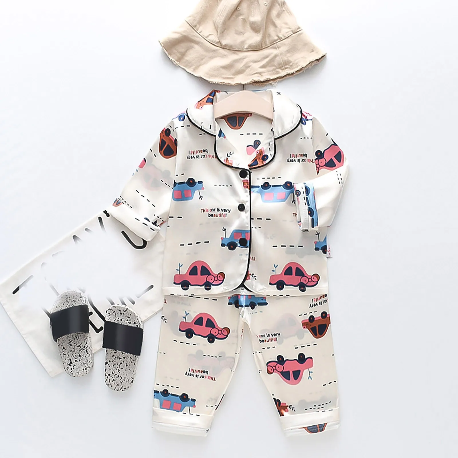 Toddler Kids Baby Boys Girls Satin Cartoon Button Down Shirt Tops And Long Pants Silk Pajamas Baby Fleece Pajamas Girls Tops