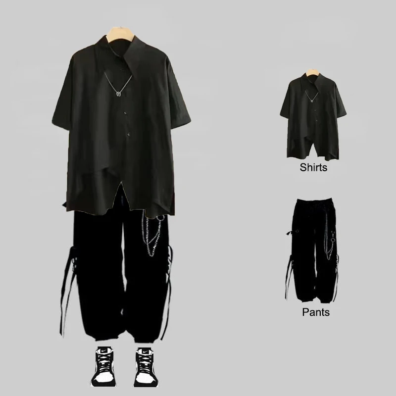 New Men Streetwear Two-piece Suit Splice Chain Long Sleeve+Ribbon Chain Pants Harajuku Cargo Pants 2 Piece Sets Mens Outfits