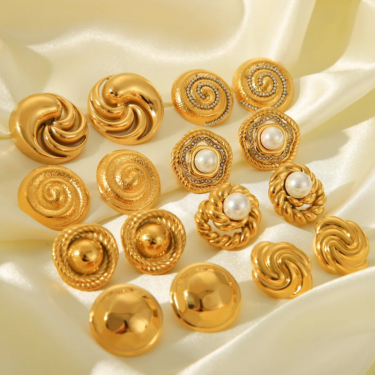 Fashion Trendy Geometric Titanium Steel Earrings 18K Gold Stainless Steel Spiral Pattern Swirl Studs Women's Pearl Ear Jewelry
