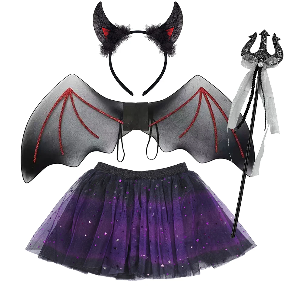4 Pcs/Set Girl Dance Costume Kids 3 Layers Rainbow Sequins Skirt Wing Crown Stars Wand Children Halloween Birthday Party Clothes