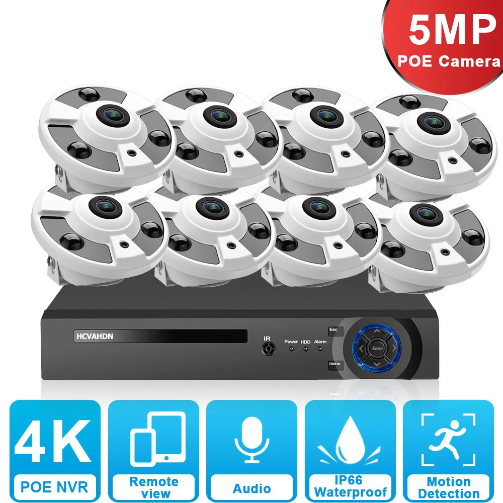 5MP CCTV Fisheye Monitoring Camera System P2P 8CH POE NVR Kit Indoor Home IP Panoramic Dome Surveillance Camera System Set 10CH