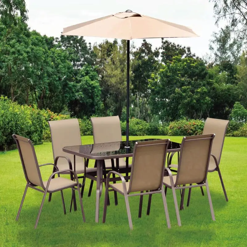 

2021 Hot Sale Light Weight Steel Material Outdoor Patio Dining Furniture Stack 6 8 Garden Chair Table and Umbrella Parasol Set