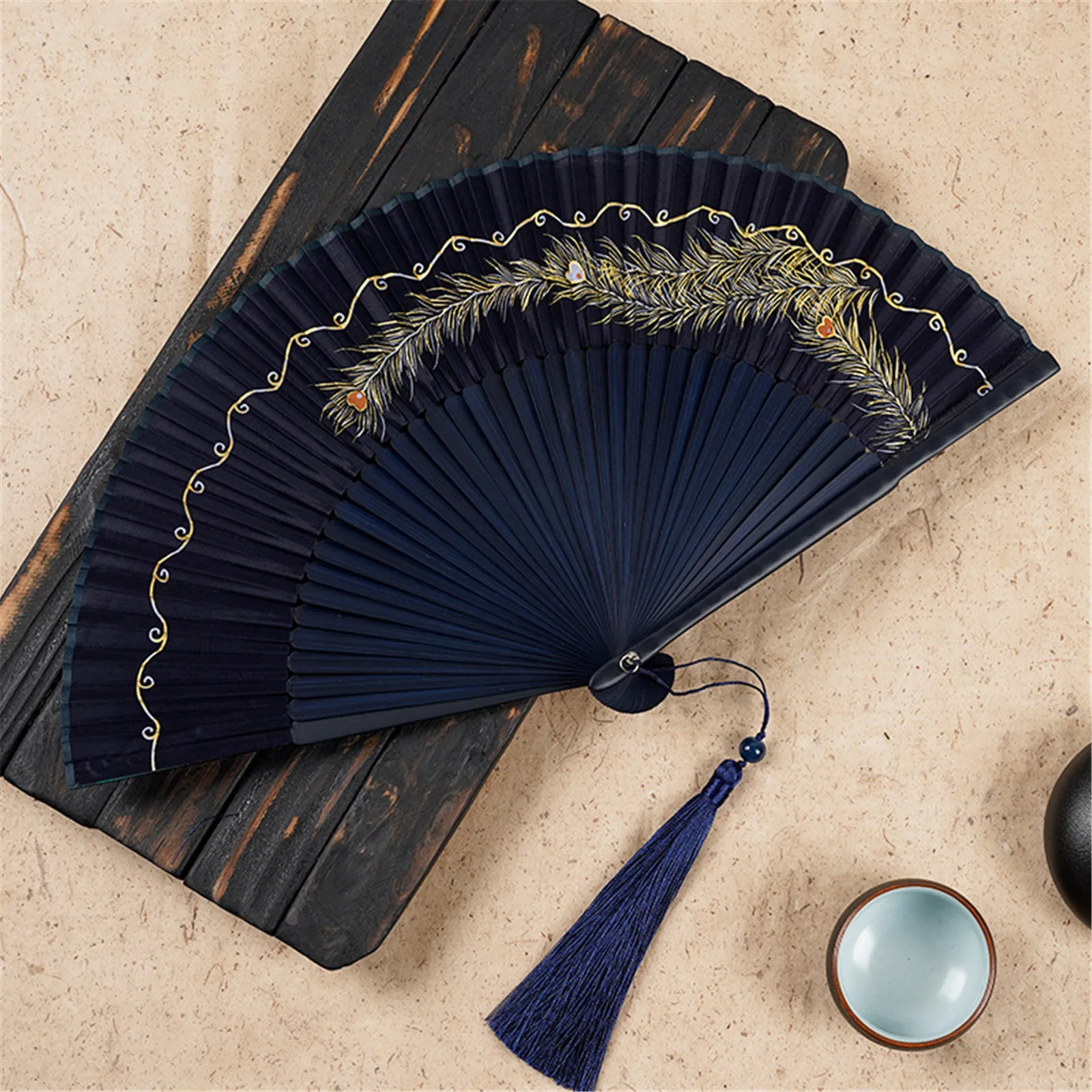 Ancient Fan Folding Fan 6-inch Gold Peacock Feather Folding Fan Head Green Chinese Style Silk Gift Hanfu Bamboo Handmade Fan