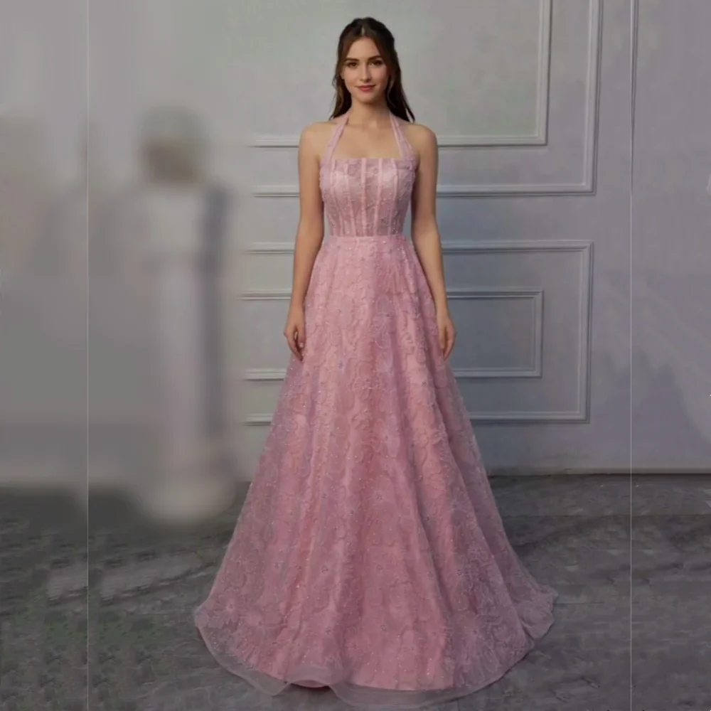 Maßgeschneidertes, exquisites Neckholder-Hochzeitskleid, rosa Spitze, bezauberndes, bodenlanges, formelles Abendkleid in A-Linie, hohe Qualität