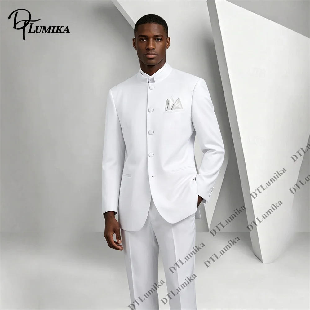 Mandarin Stand Collar Single-breasted Men 2 Piece Suit Blazer Matching Straight Formal Trousers Set For Minimalist Wedding Groom