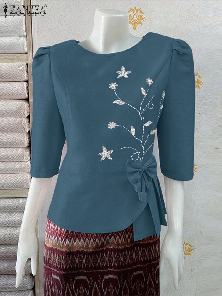 

ZANZEA Elegant Asymmetrical Hem Bow Detail Blouses Woman Casual O-Neck Half Sleeve Floral Embroidery Blusas Mujer Summer Tops