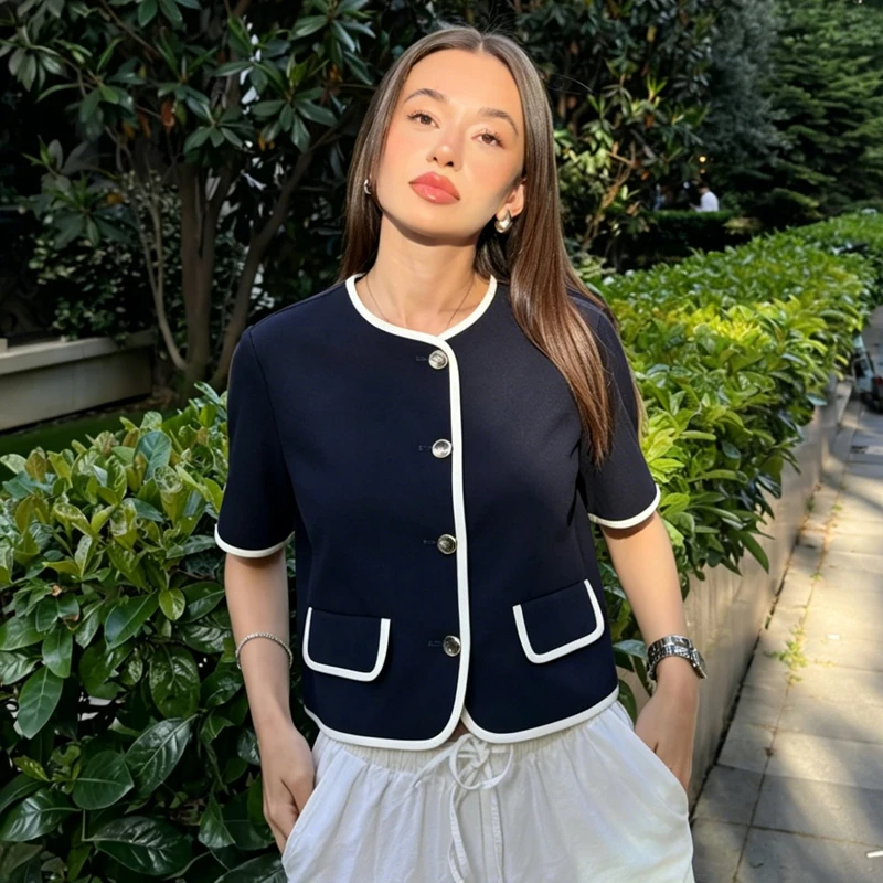 

Women's Blazers Short Sleeve Jacket For Women Single-Breasted Patch Pockets Loose Coat 2026 Summer New Elegant Lady Office Looks