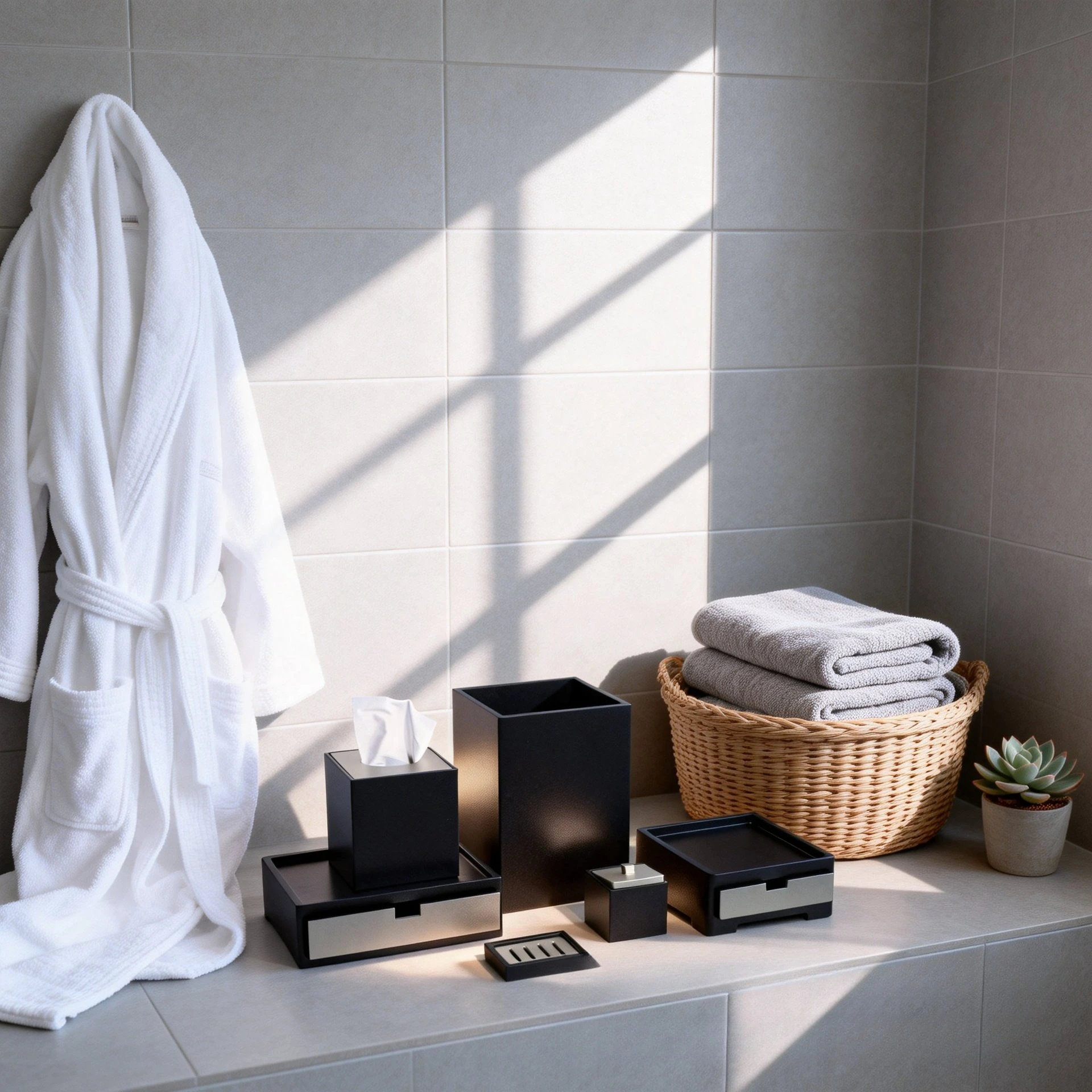 Light Luxury Resin Bathroom Accessory 6‑Piece Set, Hotel Countertop Toiletries Organizer, Cotton Swab Holder & Tissue Box