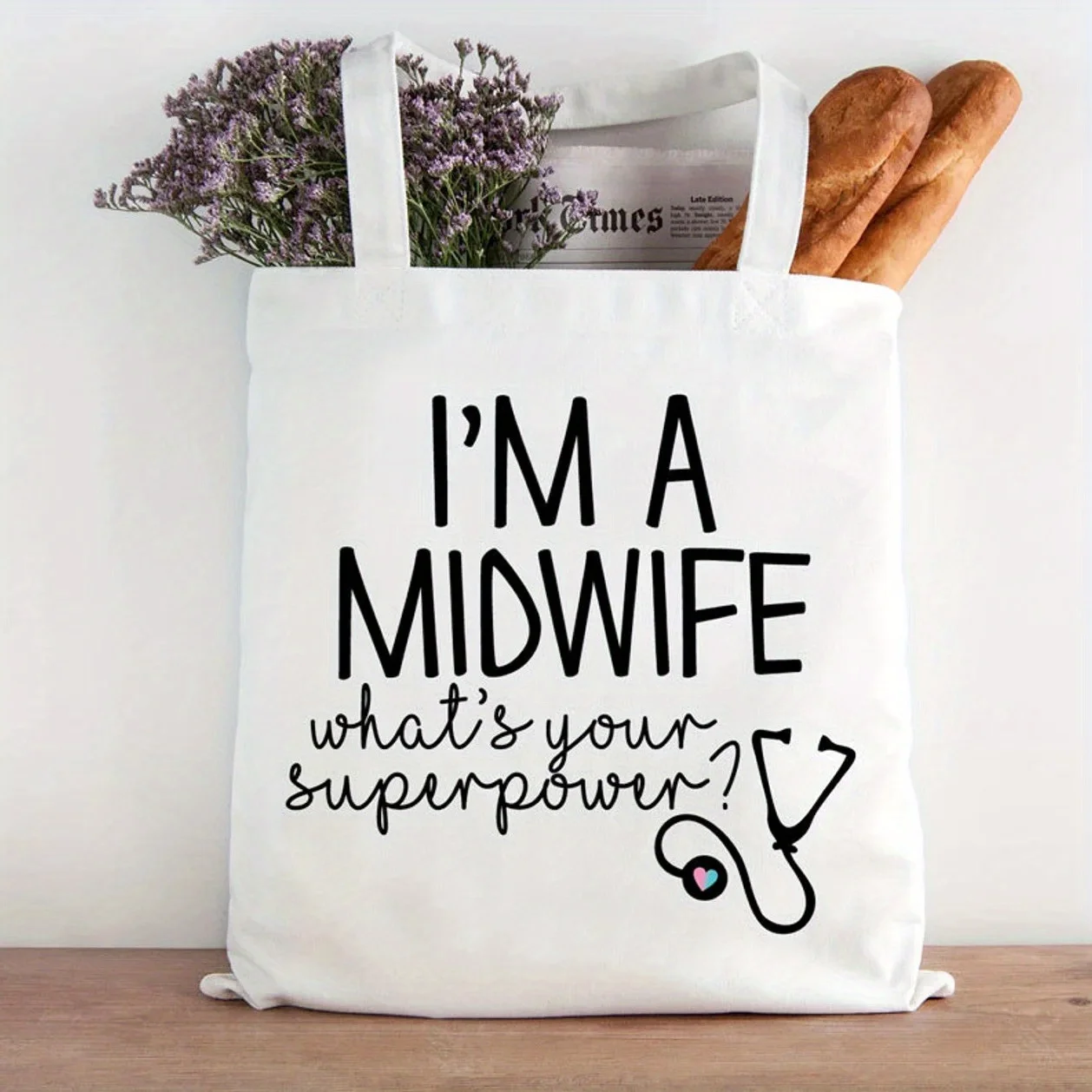 

A Large-Capacity Canvas Tote Bag, Suitable for Nurses And Midwives - "I Am a Midwife, What Is Your Superpower" Design, Featurin