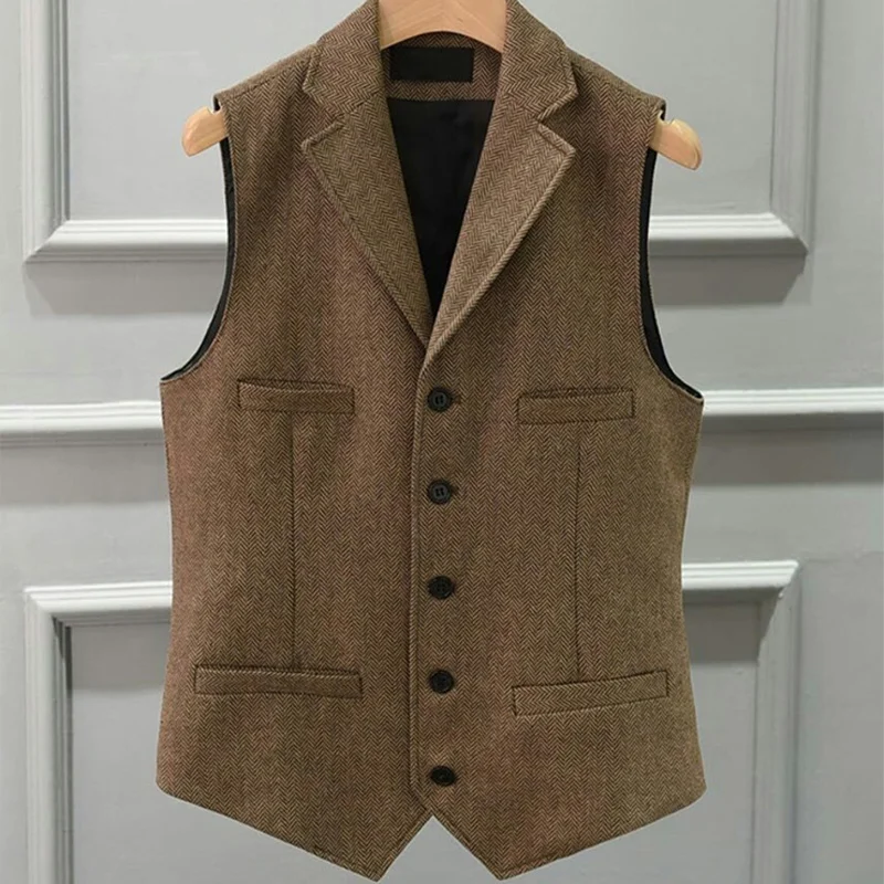 

Autumn and Winter British Retro Style Wool Herringbone Slim Fit Suit Collar Vest Gentleman's Tweed Waistcoat for Men