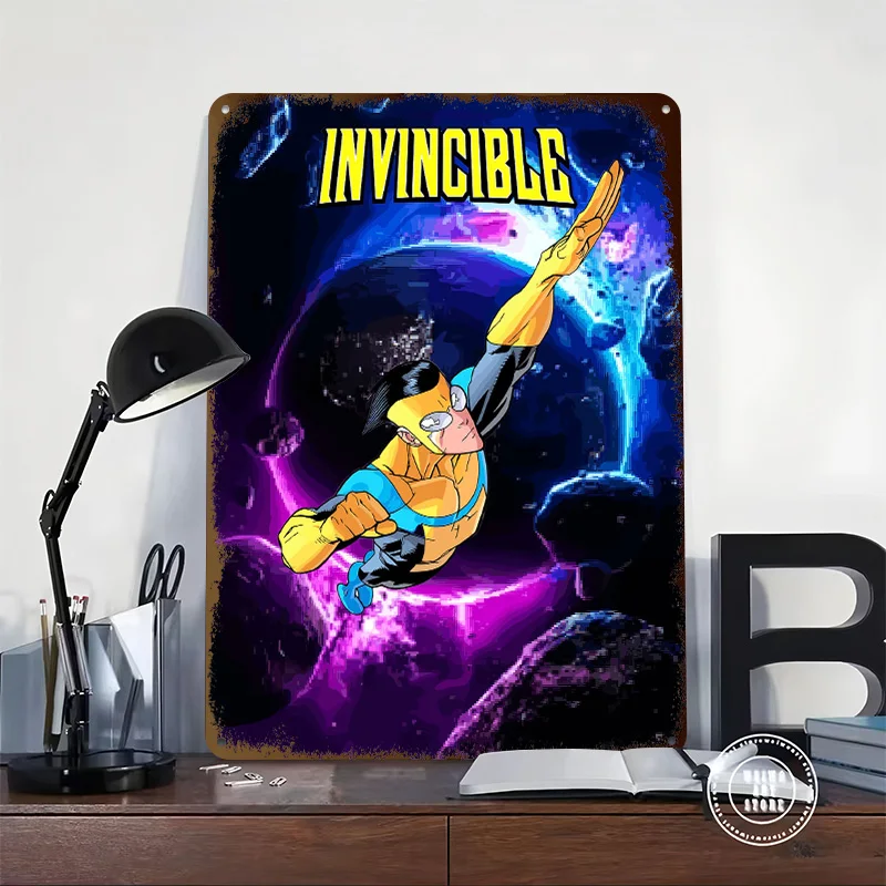 Invincible Flying Through Space Poster Customized Vintage Metal Signs Wall Art Retro Tin Plaque for Living Room Decoration House