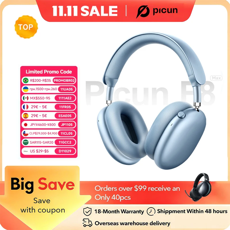 Picun F8MAX ANC casque sans fil 59dB hybride actif suppression du bruit Audio spatial écouteur Bluetooth 6.0 sur l'oreille casque 180H