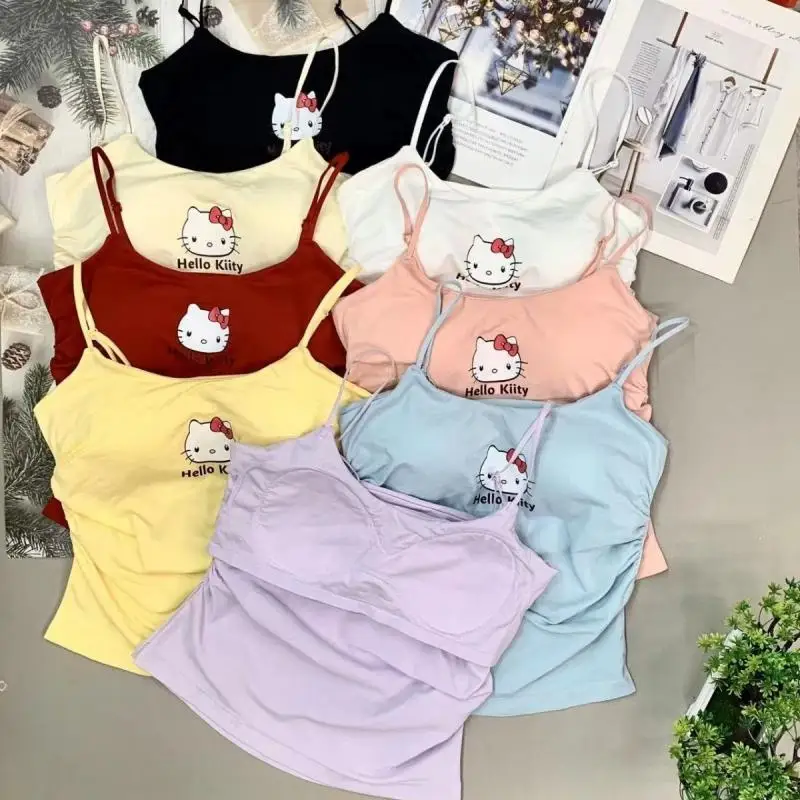 Sanrio Hello Kitty Canotta Y2K Canotte Ragazze Moda estiva Senza maniche Hot Girls Pettorina Design pieghettato Bottoming Look sottile