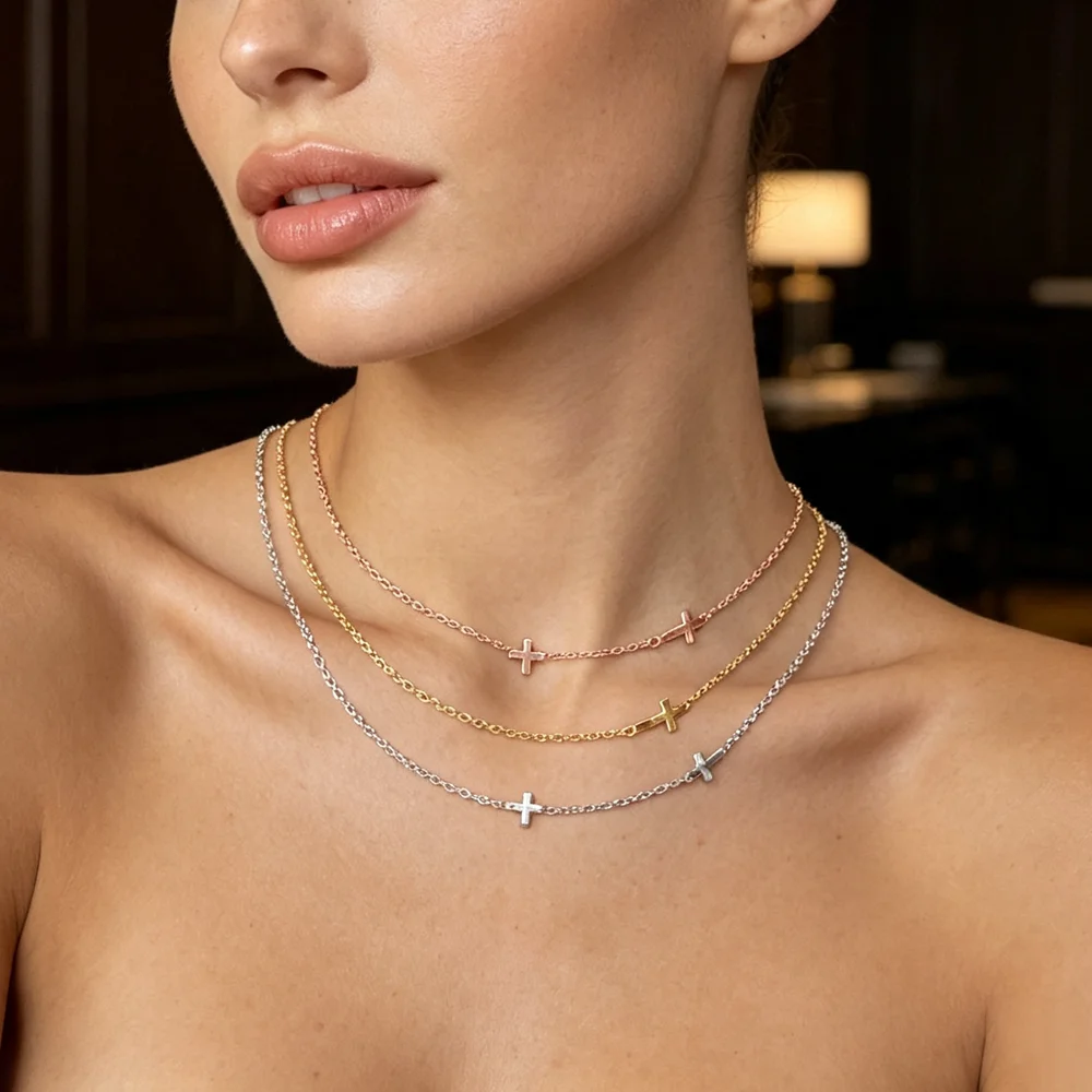 Classic Sideway Cross Pendant Necklaces High Polishing Simple Cross Lucky Charm Statement Jewelry for Women Girls