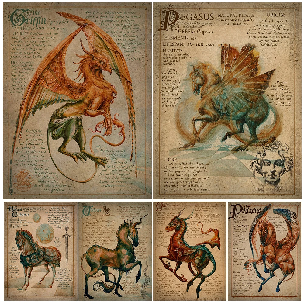 Qilin,Griffin,Pegasus,Unicorn,Pegasus,Vintage Wall Art Canvas Painting Mythical Creature Knowledge Art Poster Print Home Decor