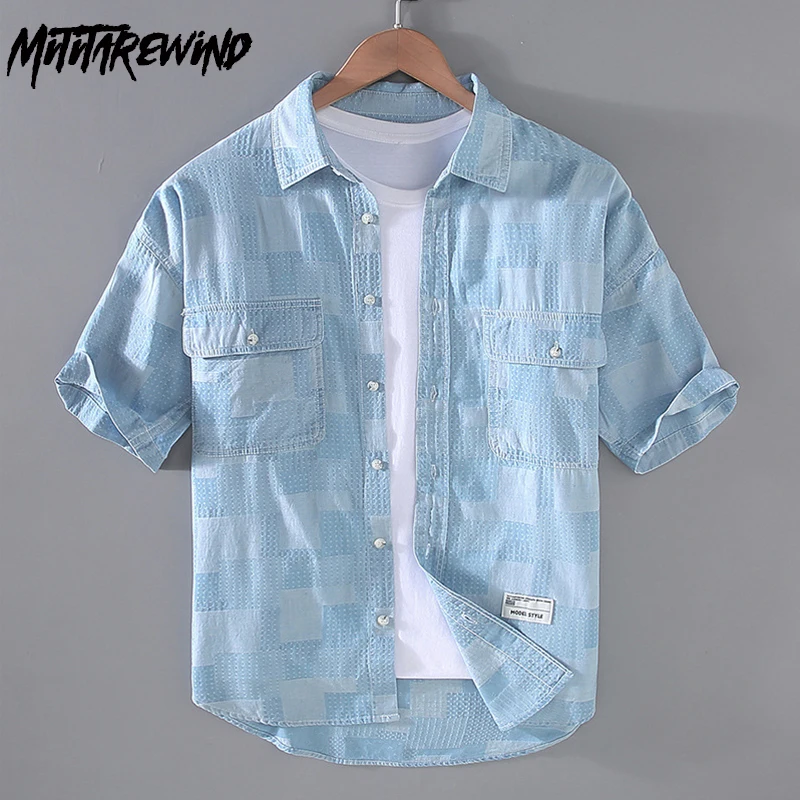 Zomer denim shirt met korte mouwen heren jeugd streetwear heren losse jeans shirts zak patchwork geruit overhemd 100% katoenen cargo shirt