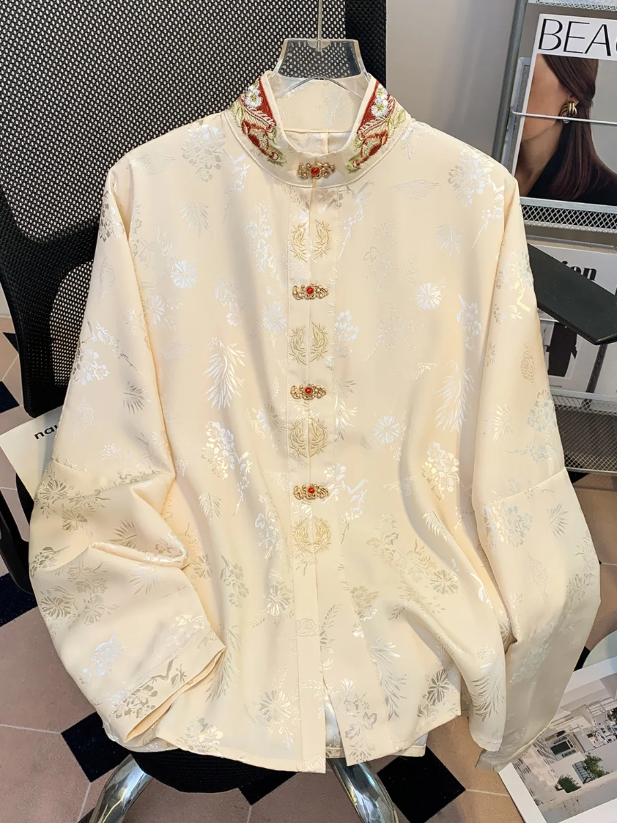 Nuevo cuello levantado bordado pesado chino Sle largo Sve irt primavera otoño para mujer nuevo de gama alta Retro nacional Sle Han...