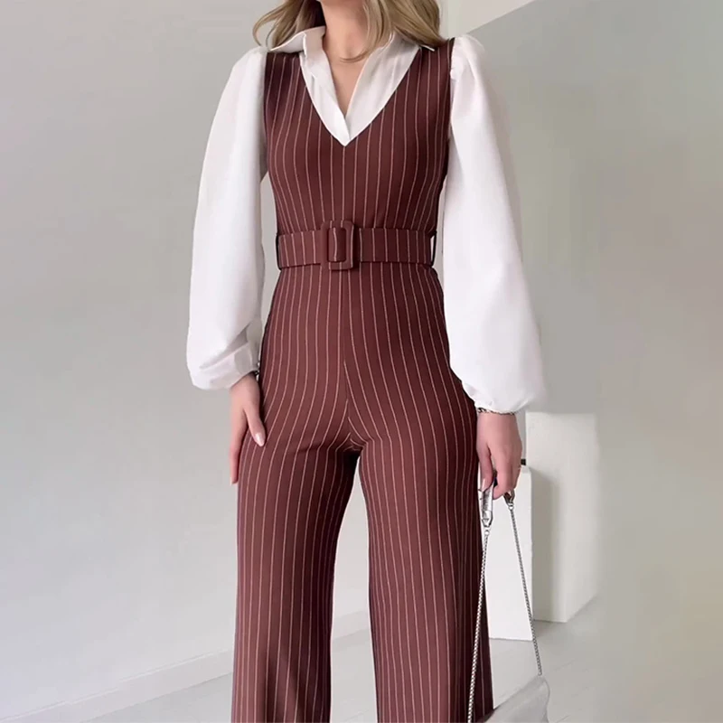 Vintage Hollow Out Sleeveless Belt Rompers Office Fashion Slim Long Pants Vest Playsuit FemaleV Neck Striped Straight Jumpsuit