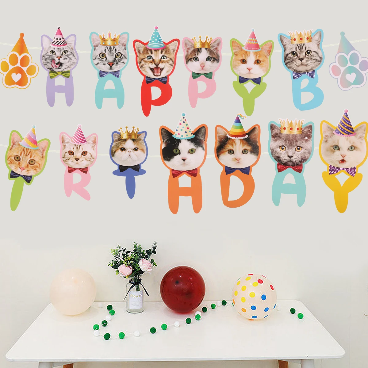 Pet Cats Theme Bunting Banner Pull Wall Flags Happy Birthday Party Decoration Garland for Cat Birthday Decoration Supplies