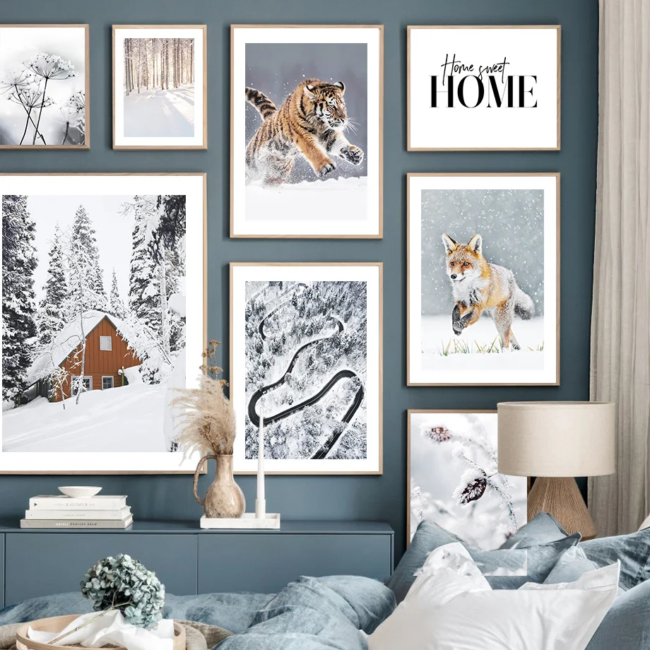 Fox Tiger Deer Winter Sun Forest Country Road Wall Art Canvas Painting Posters And Prints Wall Pictures For Living Room Decoecor