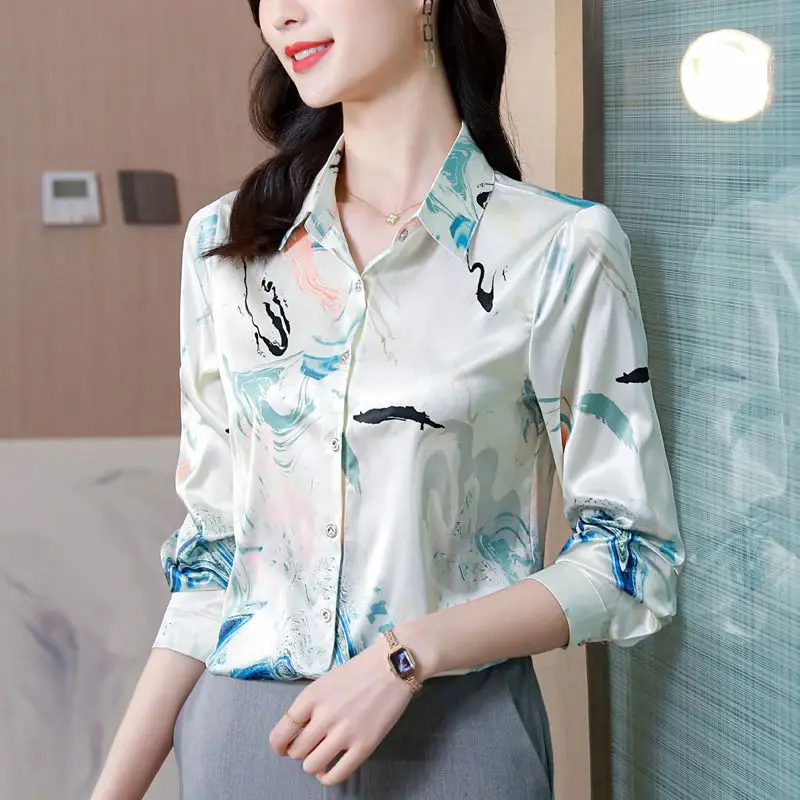 Luxury Elegant Women Satin Floral Shirts Spring Summer New Korean Fashion Female Clothing Long Sleeve Vintage Casual Blouse 2023