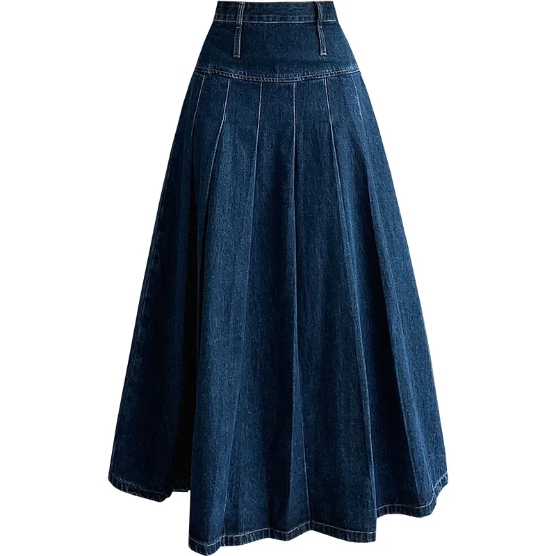 Chic Pleated Jeans Skirts Autumn Vintage High Waist Long Washing Ladies Straight Women Loose Denim Midi Skirts