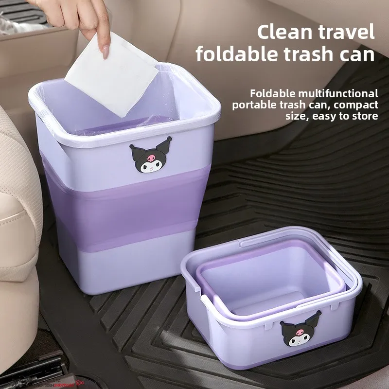 

Sanrio Durable Plastic Car Trash Can - Multi-functional Folding Hanging Storage Bag, Zipper Compartment, Practical Design
