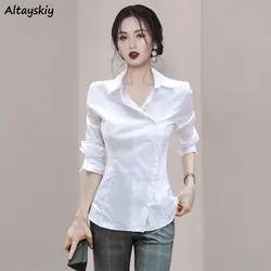 OL-camisas blancas de manga larga para mujer, Tops ajustados para Primavera, ropa que combina con todo, puro, informal, básico, elegante, coreano, gran oferta