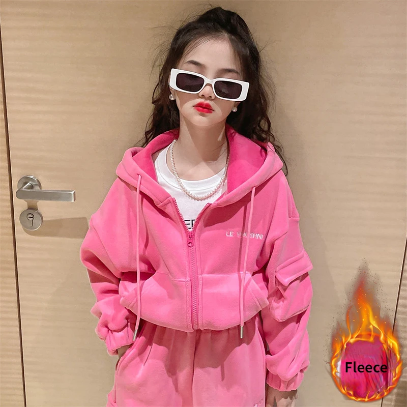 Winter Teenage Girls Clothing Set fleece Thinck Warm Hooded Outerwear+Sport pants 2Pcs Casual kids School suit Children Outfits