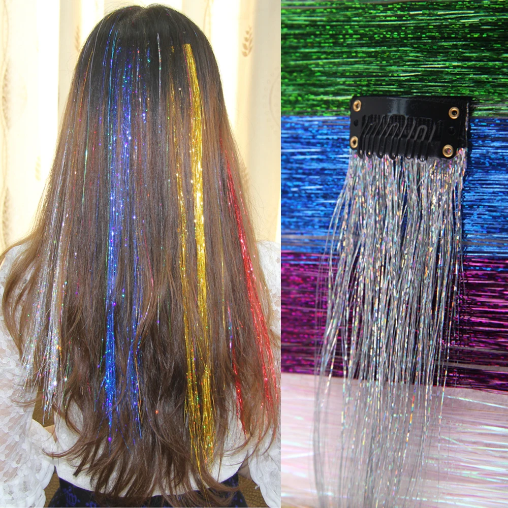 

Sparkle Hair Tinsel Bling Glitter Rainbow Synthetic Hair Extension 28 Inch 120 Strands for Girls Party Decoration